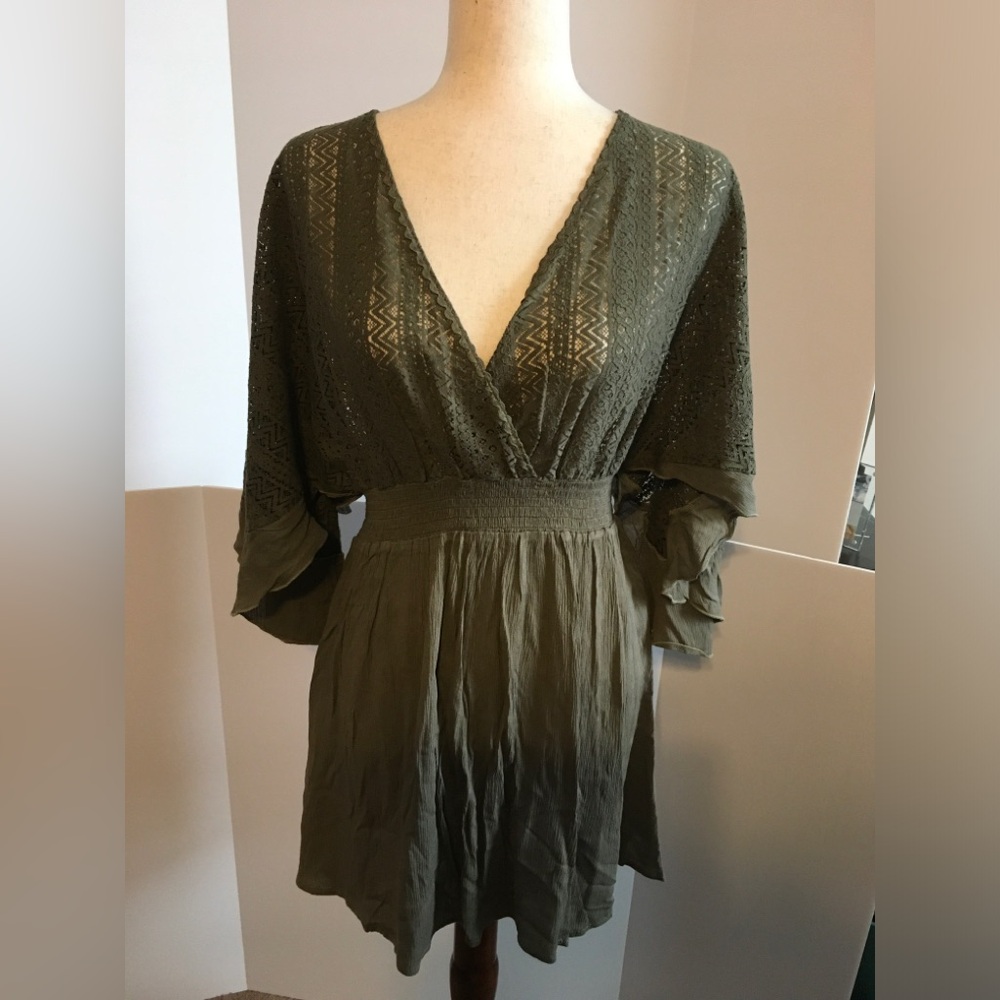 Lascana Olive Green V-Neck Lace Panel Women’s Swim Cover